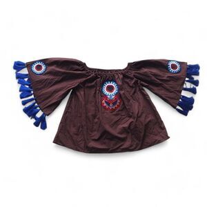 Katya‎ Dobryakova Off the Shoulder Tasseled Blouse Brown / Multicolor Women's M